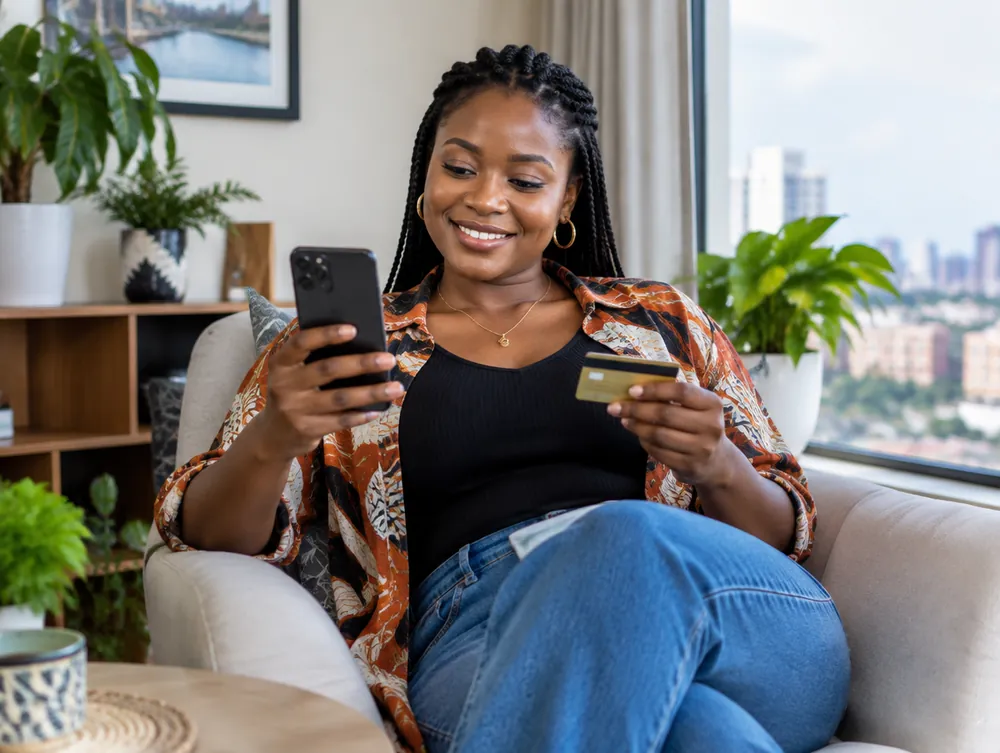 Cliente détendue qui règle un achat en ligne depuis son téléphone